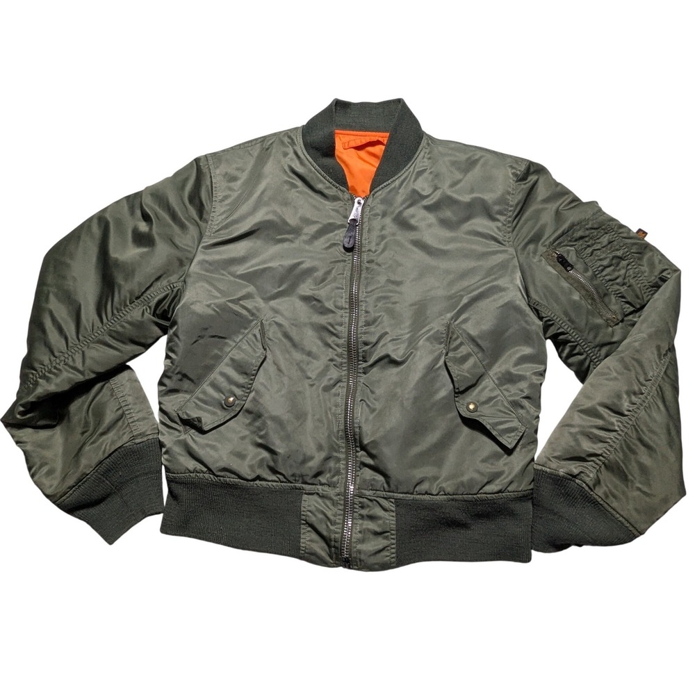 Alpha Industries MA-1 Bomber Flight Jacket Nylon Green Orange Reversible Small